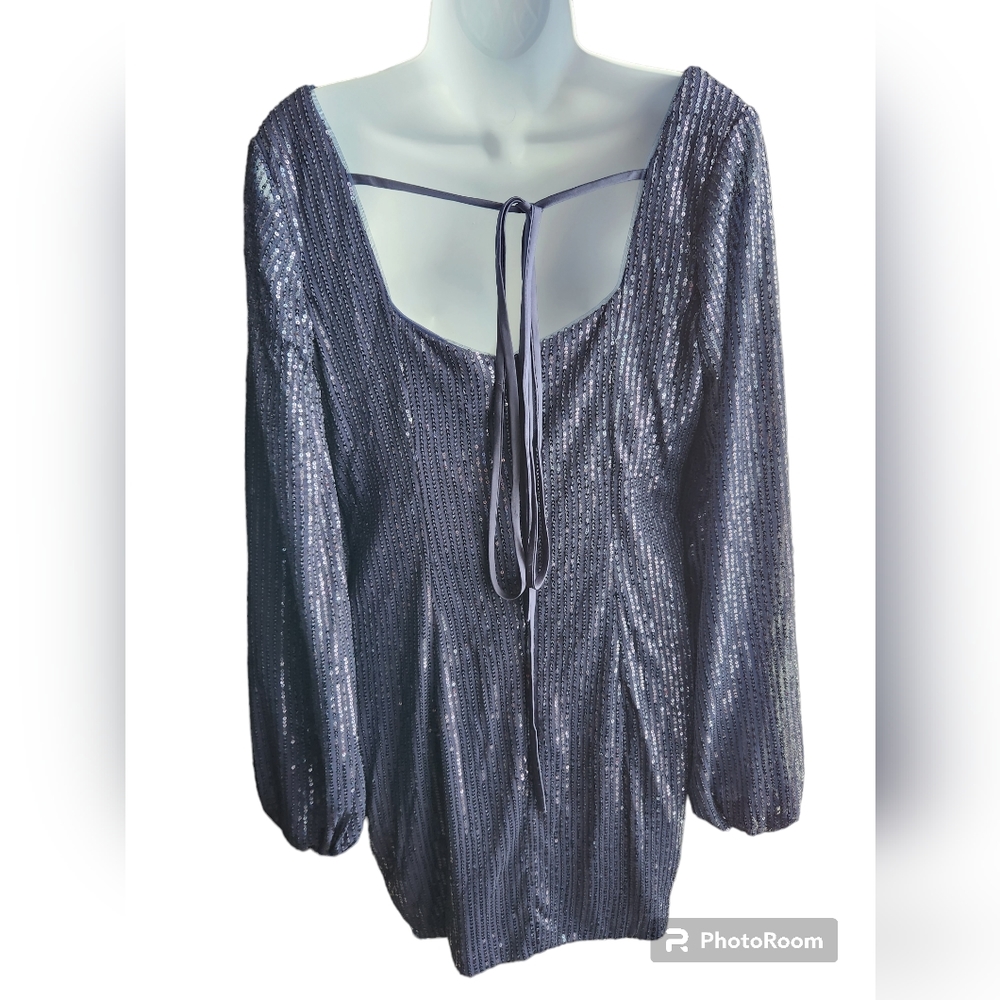 Unbranded Women's Navy Blue Tie V-Back Sequin Long Sleeve Mini Dress - Picture 4 of 4